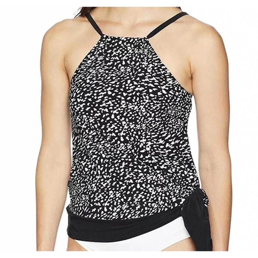 Coastal Blue, Small, Black & White, Spotted Asymmetrical Hem Tankini Top